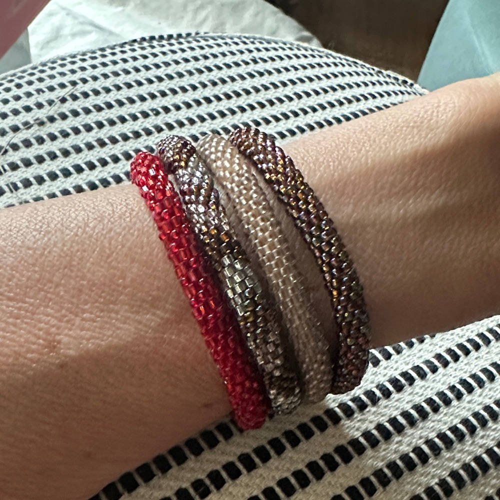 Beaded Bracelet Set - Red, Brown, Silver, Champagne